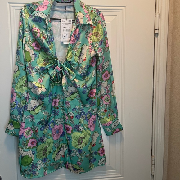 ZARA BLOGGERS FAV SATIN EFFECT PRINT DRESS ~ green - Picture 2 of 10